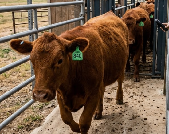 USDA 840 compliant electronic identification RFID ear tags on commercial beef cattle crossing state lines, highlighting tracking and replacement logistics USDA 840 compliant electronic identification RFID ear tags on commercial beef cattle crossing state lines, highlighting tracking and replacement logistics