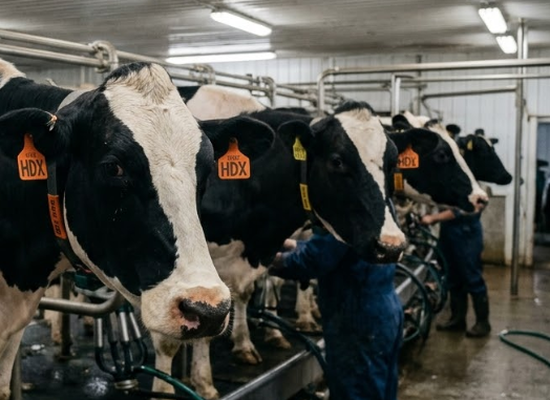 Holstein dairy cows in a milking parlor with T8 fluorescent fixtures, demonstrating environments where HDX RFID tags outperform FDX-B tags in read success rates Holstein dairy cows in a milking parlor with T8 fluorescent fixtures, demonstrating environments where HDX RFID tags outperform FDX-B tags in read success rates